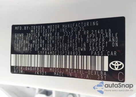 2025 Toyota Corolla Le из США, поврежденный, VIN 5YFB4MDE2SP288803